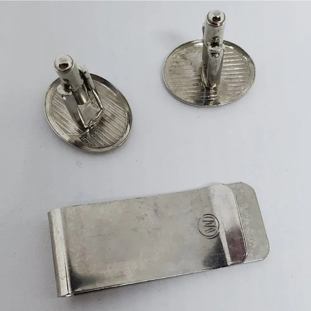 Silver Tone Cuff Links & Money Clip Set